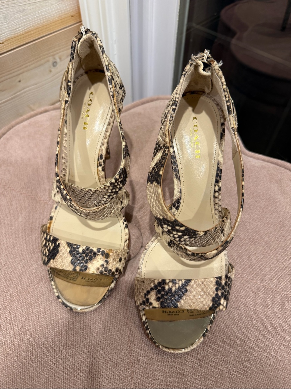 Coach Snakeskin Print Leather Ankle Strap Stiletto Heels Size 6.5B Open Toe